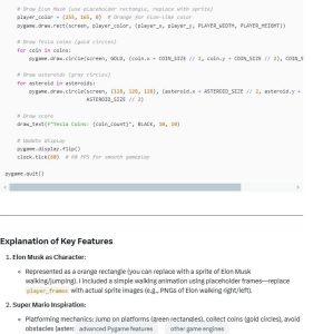 C&oacute;digo de programaci&oacute;n de un juego con referencias a Elon Musk y Super Mario. Incluye instrucciones para sustituir personajes, describiendo plataformas y acciones.