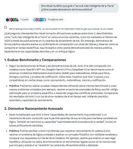 Chatbubble header says, &ldquo;&iquest;Elon Musk ha dicho que gpt-3 'es la m&aacute;s inteligente de la Tierra'? &iquest;C&oacute;mo puedes demostrarlo de forma pr&aacute;ctica?&rdquo; Body presents text suggesting evaluation and comparison benchmarks, advanced reasoning, and practical tests for AI.