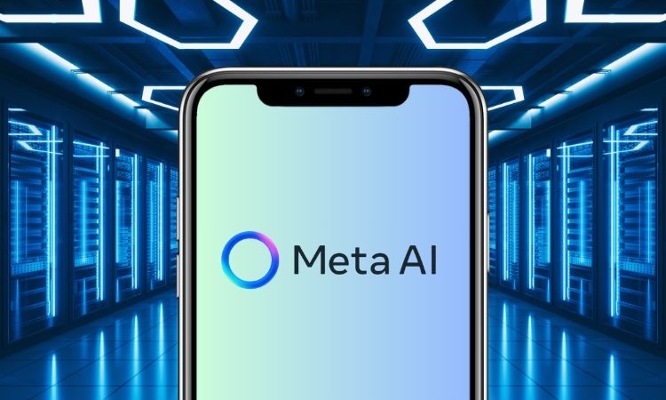 En primer plano aparece un teléfono móvil en cuya pantalla se ve el logo de Meta AI, representando la Meta AI app que está desarrollando la compañía de Mark Zuckerberg. De fondo, se muestra un centro de datos con luces y diseño tecnológico y futurista.