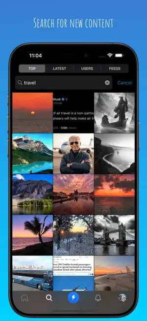 Pantalla de b&uacute;squeda en una aplicaci&oacute;n, mostrando contenido relacionado con "viajes" y perfiles de usuarios.