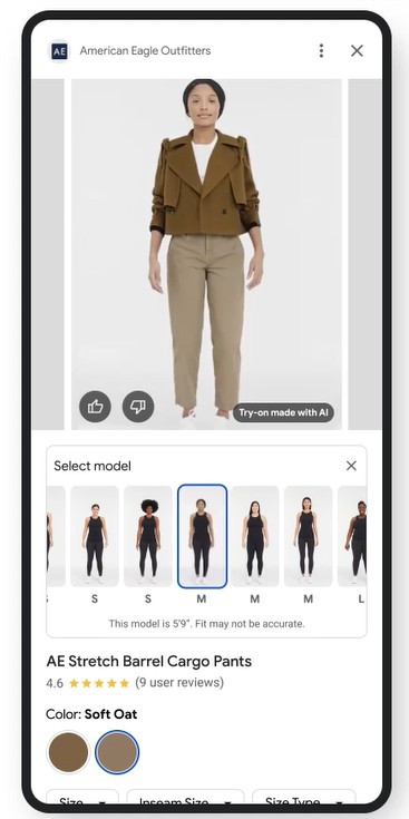 Mujer modelando pantalones cargo en un entorno virtual de prueba online. Opciones de tallas y colores disponibles.