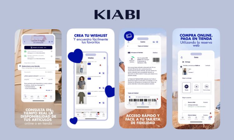 Sobre un fondo azul claro aparecen cuatro imágenes de vistas de pantallas móviles en las que se muestran las diferentes posibilidades que ofrece la app de Kiabi