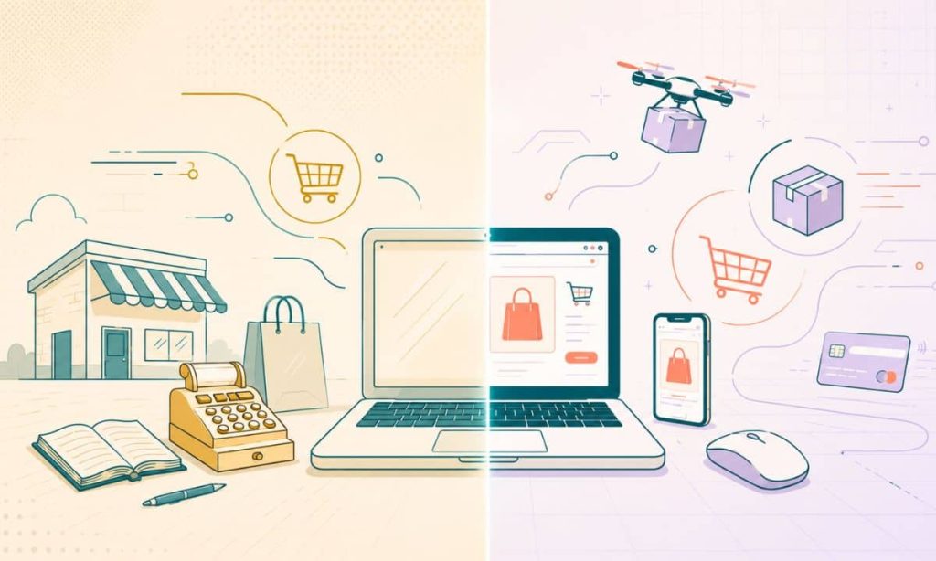 En el centro de la imagen se ve un ordenador cuya parte izquierda representa un ordenador de mesa antiguo y la derecha un portátil moderno. A su alrededor aparecen diferentes elementos que evocan a la evolución de la historia del ecommerce en España como paquetes, carritos, catálogos de producto, ordenadores, móviles, etc.