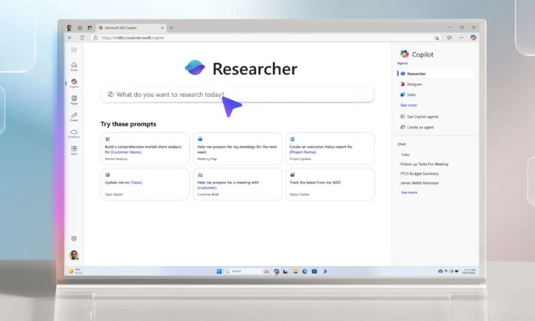 Imagen de un ordenador portátil en cuya pantalla se muestra una vista de Researcher, uno de los dos nuevos agentes de IA de razonamiento de Microsoft