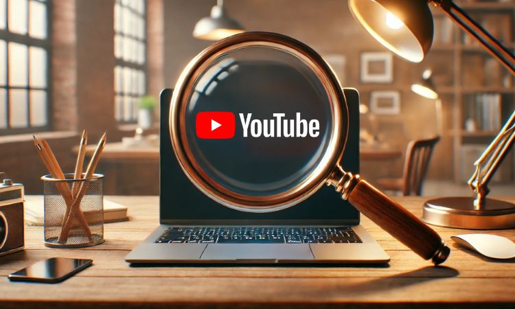 Imagen de un ordenador sobre un escritorio de madera. En la pantalla del ordenador se ve el logo de YouTube, el cual es enfocado con una lupa gigante que está delante del ordenador.