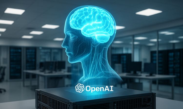 Imagen de la proyección de un busto humanoide con un gran cerebro azul luminoso. La proyección está sobre una placa tecnológica en el interior de un laboratorio
