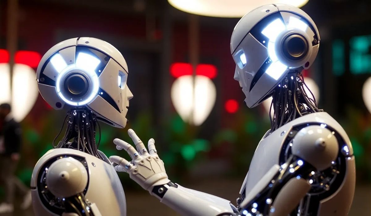 Mano rob&oacute;tica toca una pantalla t&aacute;ctil, interactuando con una mano humana. Fondo azul con l&iacute;neas de conexi&oacute;n. Innovaci&oacute;n y tecnolog&iacute;a digital.