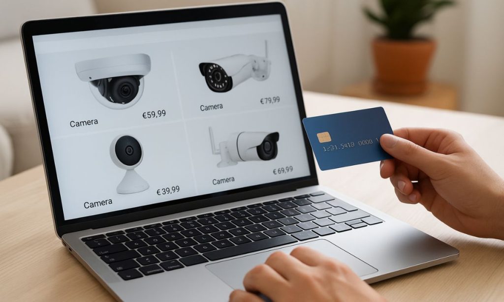 La imagen muestra un ambiente hogareño con un ordenador portátil abierto en una página de eCommerce, donde se visualizan varias opciones de cámaras de vigilancia. Una mano sostiene una tarjeta de crédito cerca del teclado, indicando que está a punto de realizar una compra online. El fondo es cómodo y acogedor, con elementos que sugieren un hogar moderno y relajado.