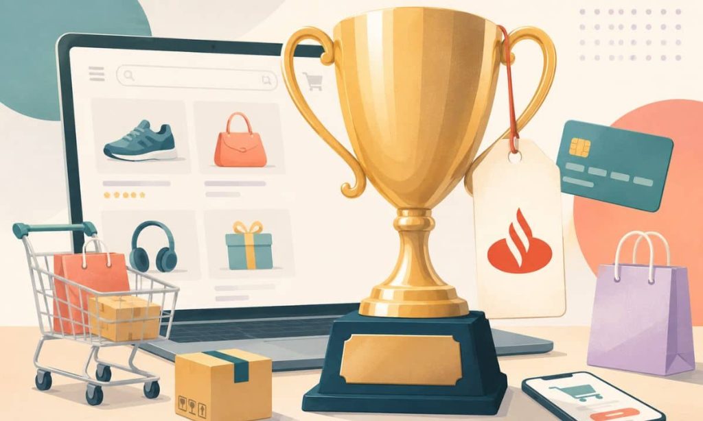 el logo adjunto del santander sobre una etiqueta que cuelga de un trofeo en forma de copa. De fondo, una imagen que evoque un ámbito de compras online