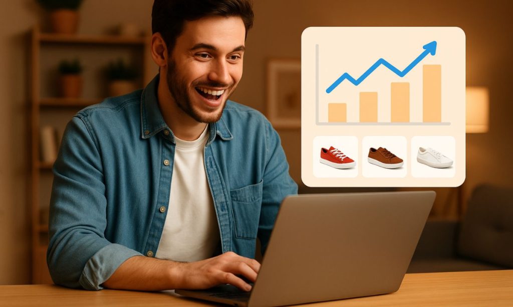 Un hombre joven, con cabello corto, usando un PC en un ambiente cálido y hogareño. Está sonriendo mientras navega, y a su lado, se encuentra una visualización digital con un gráfico ascendente y tres pares de zapatillas, resaltando la conexión entre el ecommerce y el análisis de datos.