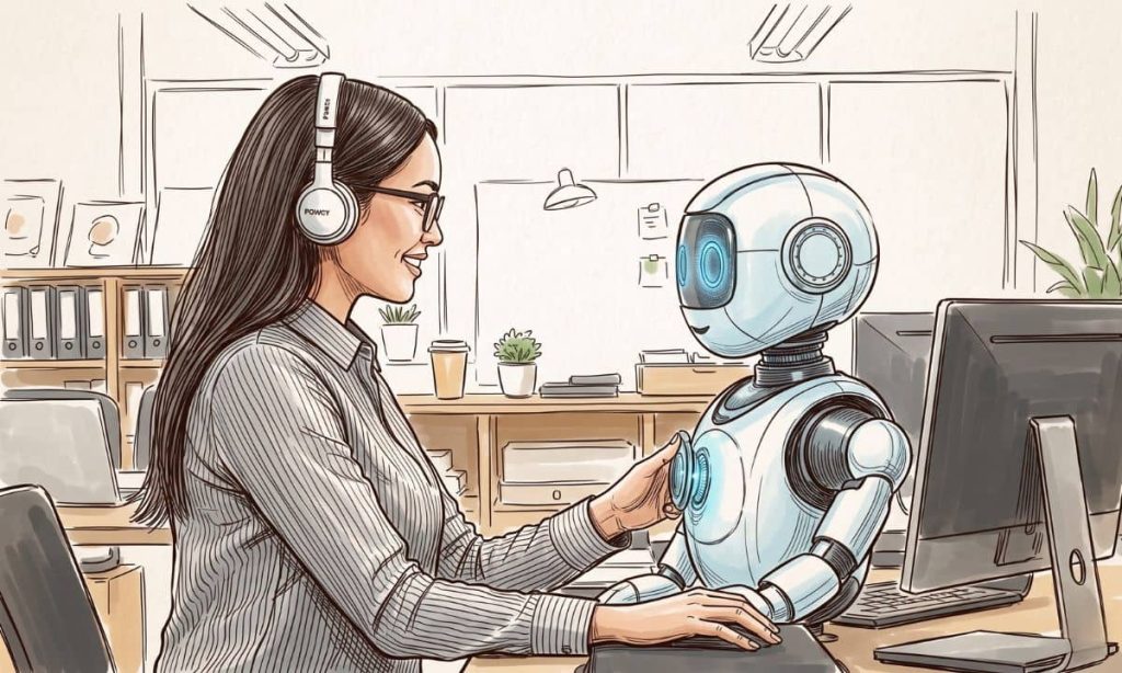 a human working with a friendly robot on an office