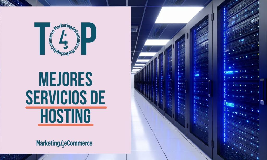 Imagen de un pasillo a cuyos lados hay torres de centros de datos. A la izquierda aparece una creatividad en la que se lee "Mejores servicios de hosting" y el logo de Marketing4eCommerce.