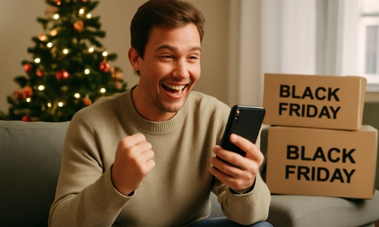 Imagen de un chico en un entorno hogareño con adornos de navidad delante de su móvil con cara de emoción (felicidad) mientras en su casa hay cajas que ponen black friday.