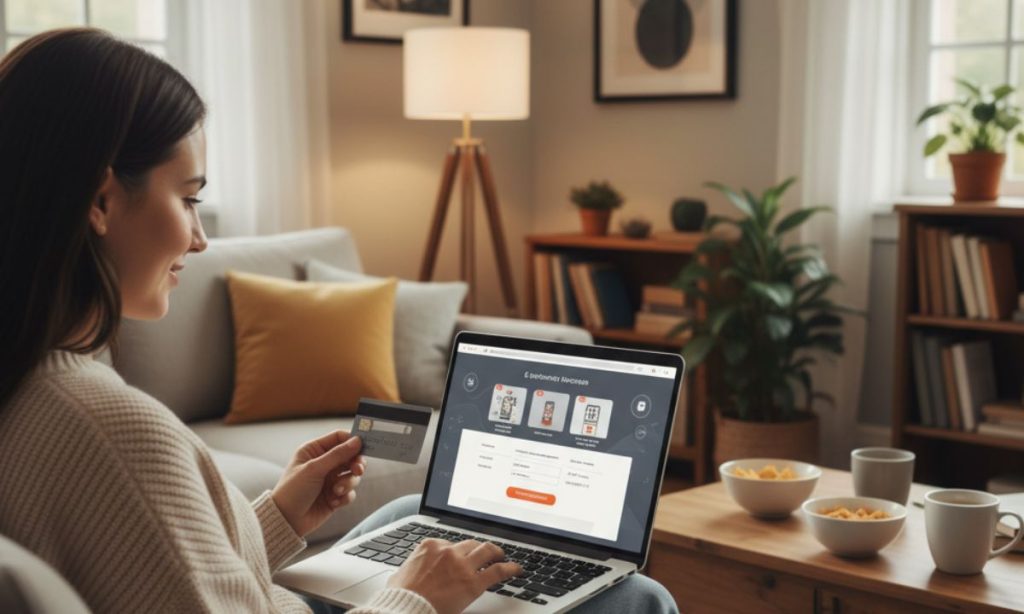 una persona compra online desde el salón de casa con una tarjeta de credito en la mano