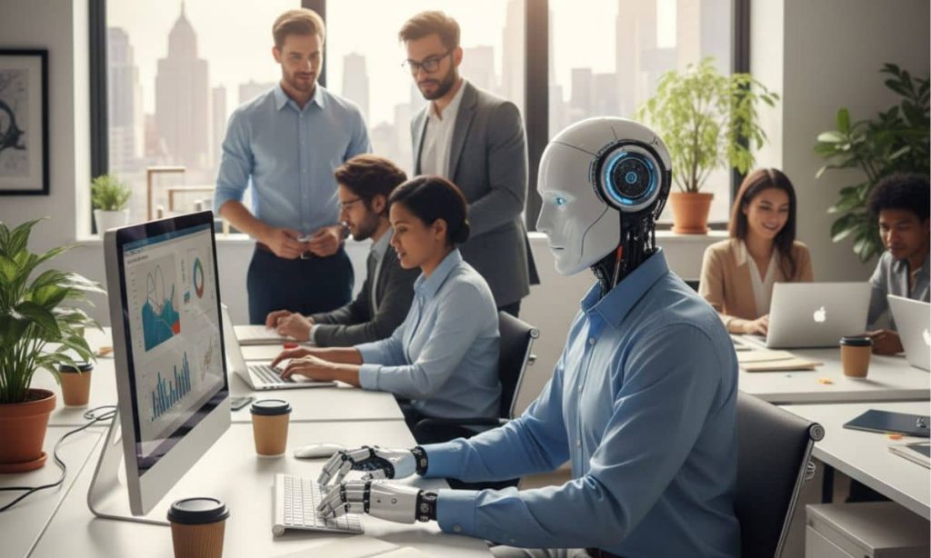 un robot trabaja en una oficina con empleados humanos