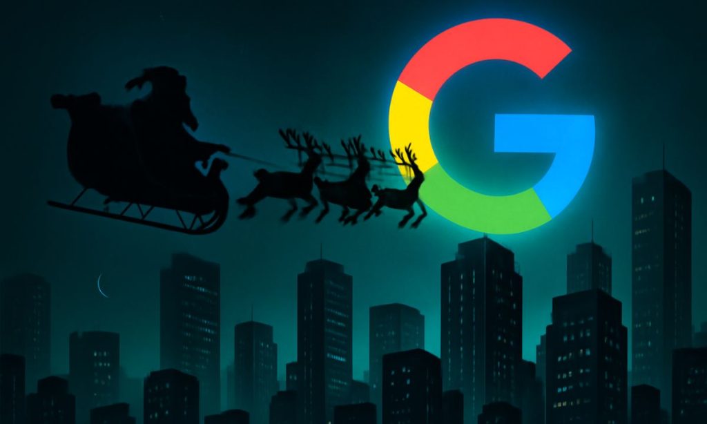 Imagen generada por IA que muestra una escena digital inspirada en la Navidad, con Santa Claus volando en su trineo sobre una ciudad moderna y futurista. Sobre la ciudad, destaca un gigantesco y brillante logotipo de Google Core Update diciembre 2025, iluminando la noche con un resplandor verde que proyecta una atmósfera poderosa y dominante. La silueta de los renos y el trineo de Santa contrastan con los rascacielos de la ciudad, creando una imagen que mezcla lo festivo con lo tecnológico.