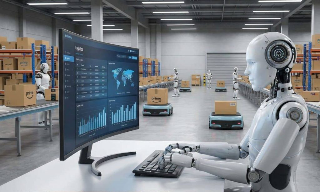 una imagen en la que aparezca un robot ante un ordenador. A sus espaldas, varios robots trabajan llevando cajas de cartón de ecommerce en un almacén