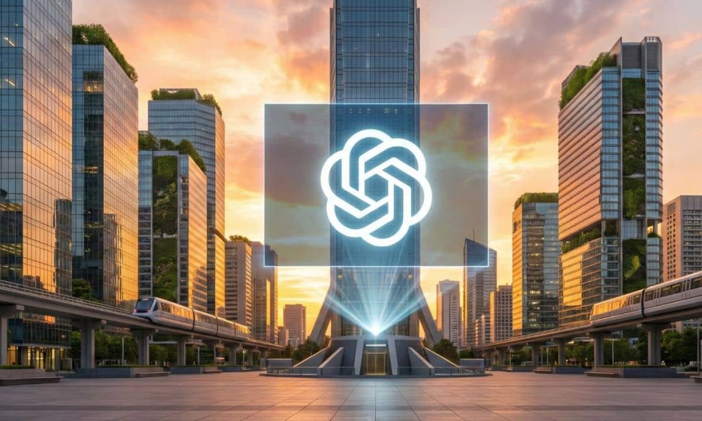 Un logo de openai aparece en la pantalla de un ordenador que estásituado en el centro de una plaza de una ciudad futurista y con un paisaje de atardaecer espectacular