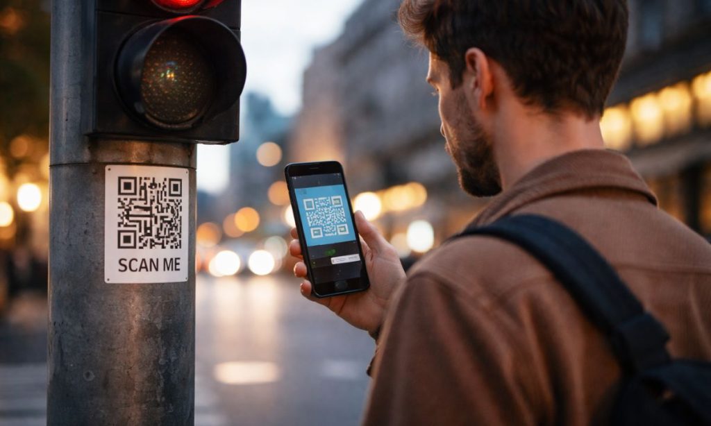 Imagen de de un joven escaneando un código QR en un semáforo con su smartphone.
