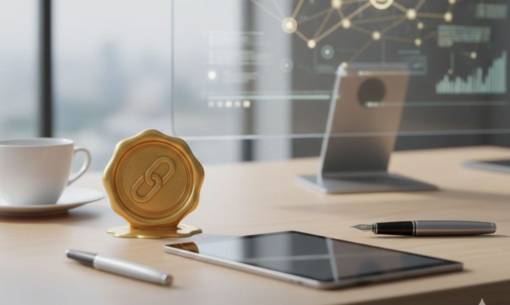 Imagen generada por IA que muestra una representación de Getlinko, con ilustración conceptual de un sello de lacre dorado con el símbolo de un enlace (link) en el centro, sobre un escritorio de oficina moderno y limpio, representando la confianza y la validación digital.
