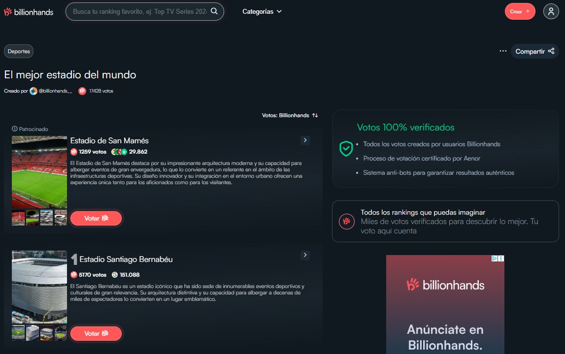 Ejemplo de Billionhands para "mejor estadio del mundo", con una posici&oacute;n patrocinada