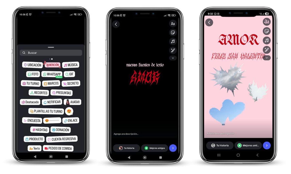 Capturas que muestran las nuevas funciones de San Valent&iacute;n de las stories de Instagram.