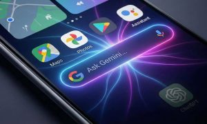 Close up of a futuristic smartphone screen. The main Google search bar and Android interface are glowing with integrated AI light (Gemini colors). In a corner, a solitary app icon for ChatGPT looks isolated. Illustrating ecosystem dominance versus a standalone app.