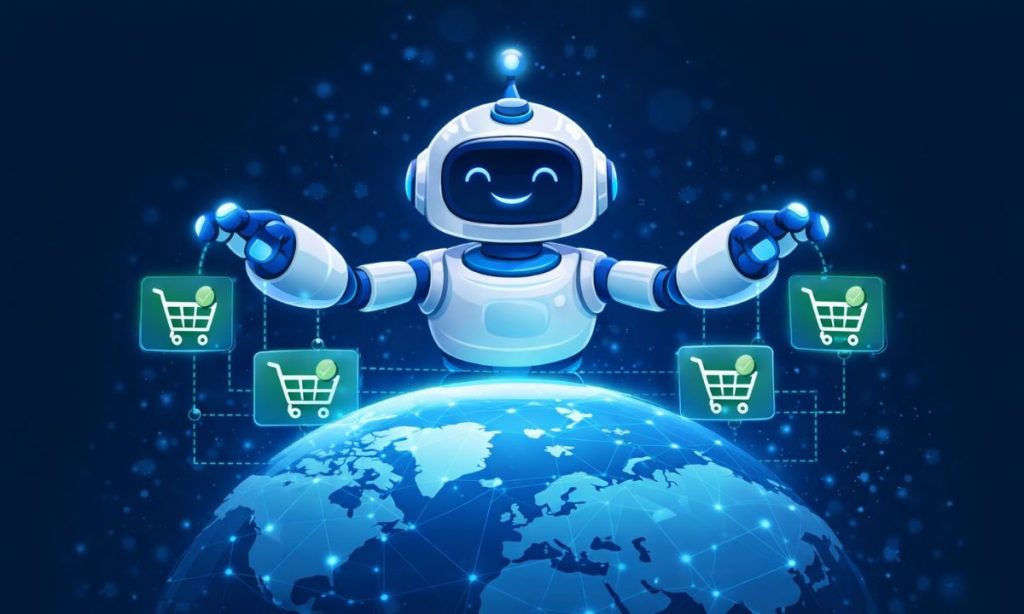 Ilustración de un robot controlando un mundo de eCommerce, rodeado de carritos online sobre un globo digital