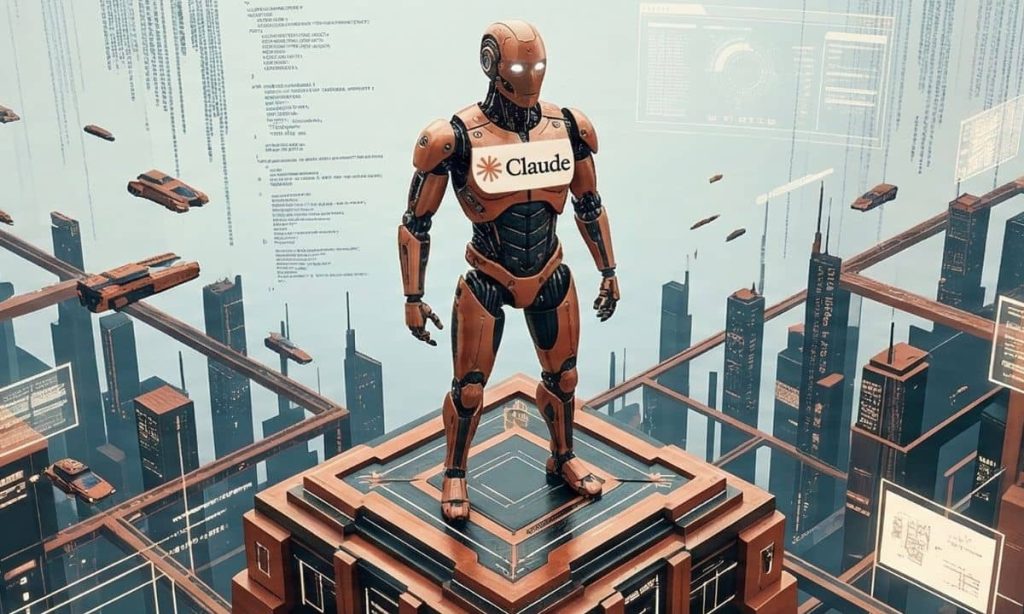el logo de claude aparezca en el pecho de un robot androide que está en lo alto de un podium- El entorno es el propio de un mundo cibernético virtual
