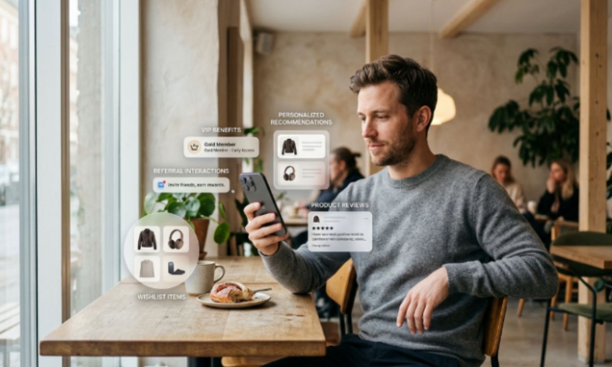Hombre consultando su móvil en una cafetería mientras recibe recomendaciones, reseñas y beneficios de fidelización vinculados a su experiencia de compra online.