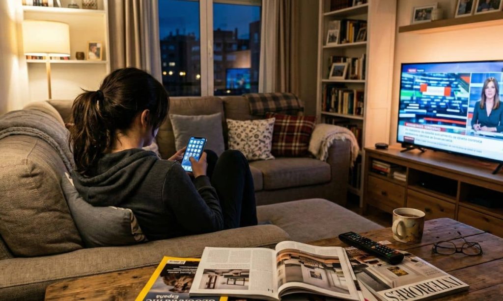una persona de espaldas, sentada en su sofá. Está usando el móvil, mientras la televisión está encendida. Sobre la mesa hay varias revistas abiertas.