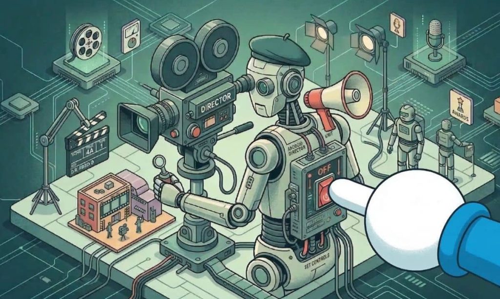 un brazo como el de doraemon pulsando el botón de apagado en la espalda de un robot director de cine