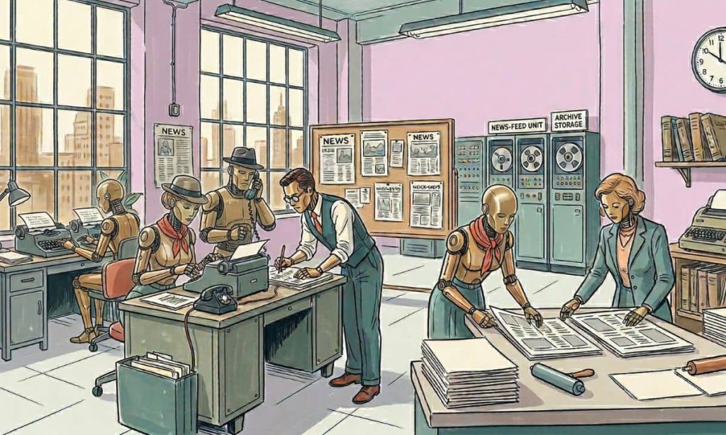 en estilo de trazo abierto, una ilustración, en la que se vea a un grupo de androides trabajando en la redacción de un períodico, con ambientación de 1950