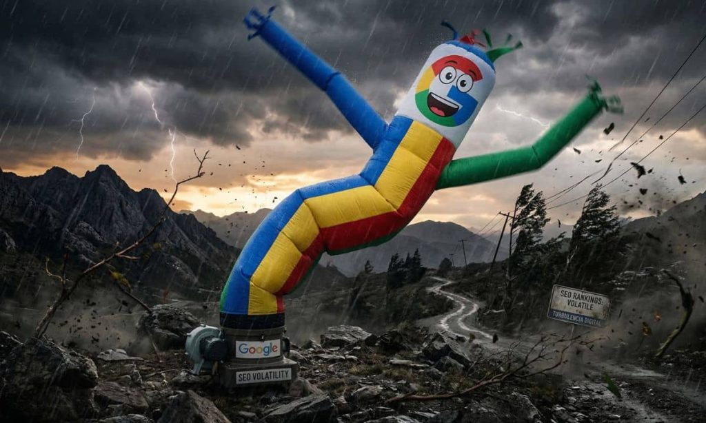una imagen en formato 16/9 en la que aparezca uno de esos muñecos hinchables que se mueven con el viento agitando los brazos. La idea es representarlo en medio de un paisaje agreste en el que se vean elementos agitados por una tormenta. El muñeco tiene la cara de la G de Google y los colores de google. La idea es representar la volatilidad seo
