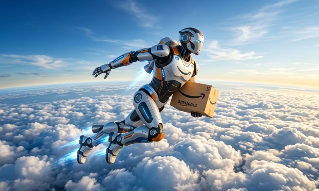 Imagen de un robot con una caja de Amazon bajo el brazo. El robot está volando en pose heroica por encima de nubes esponjosas.