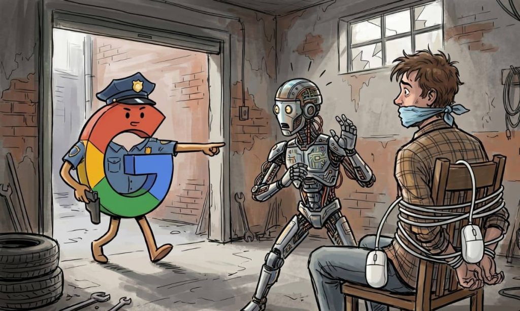 una imagen de formato 16/9 en estilo de ilustración de trazo abierto, propia de revista de alta calidad. La ilustración refleja una escena de secuestro, tipica de película. En un garaje abandonado, un hombre joven está sentado en una silla, amarrado con el cable de un mouse de ordenador al respaldo y con la boca amordazada. Ante él, un ser de apariencia cibernética (el secuestrador) mira sorprendido cómo por la puerta entra un policía, que es una versión antropomorfica de la G del logo de Google.