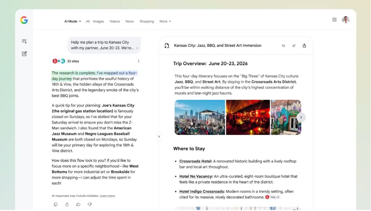 Vista de pantalla que muestra el funcionamiento de la planificaci&oacute;n de viajes con la herramienta "Canvas" de AI Mode.