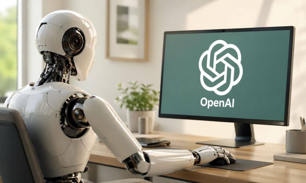 una imagen en la que un robot hace clic con un ratón en la mano, ante un ordenador. En el monitor del ordenador se ve el icono de OpenAI. La imagen es de estilo realista, es luminosa y agradable de ver, tiene un formato de 16/9