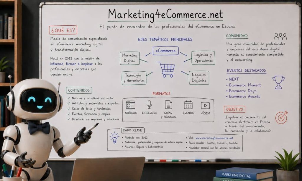 imagen creada con chatgpt a partir de la indicación "Busca información sobre Marketing4eCommerce.net y plasmala en un diagrama realista que aparece en la pizarra de un profesor de universidad en un aula. añade a un androide simpático que actúa como profesor y está ante la pizarra. Lleva pajarita en el cuello"