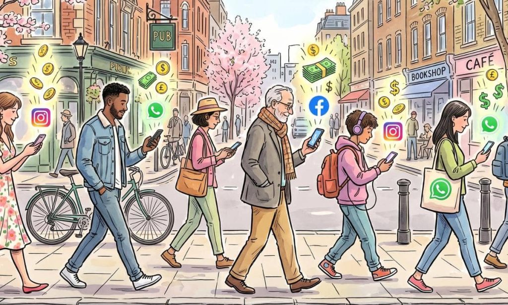 una imagen de formato 16/9 en estilo de ilstración de trazo abierto, propia de revista de alta calidad, en la que se vea un grupo de gente caminando por una calle en primavera. Todos usan el móvil. En las pantallas de los móviles aparecen logos de Instagram, Whatsapp y Facebook. De cada móvil surge un icono virtual que representa dinero