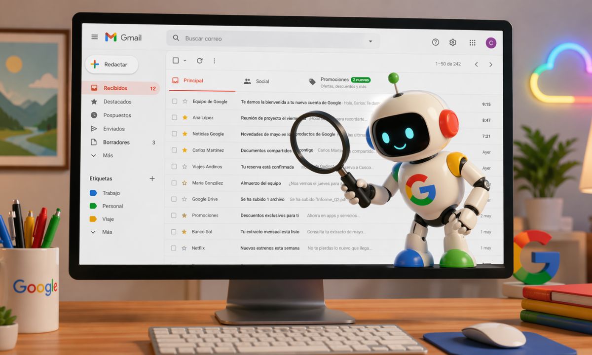Imagen de un ordenador de mesa con la bandeja de Gmail en su pantalla. Dentro de la pantalla, hay un pequeño y simpático robot sosteniendo una lupa examinando los mails. El robot luce los colores de Google y una G en el pecho. Estilo animado 3D