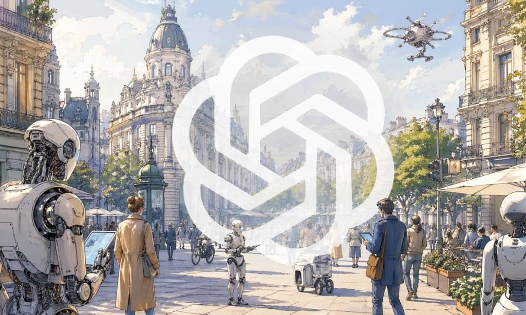 formato 16/9, en un estilo de ilustración de trazo abierto en color, sin textos. En el centro de la imagen, un logotipo gigante de OpenAI semitransparente. Alrededor, un entorno urbano europeo con robots