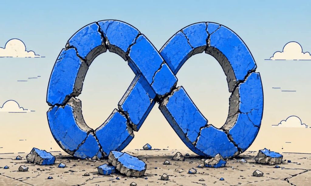 imagen en formato de ilsutración de trazo abierto en la que aparezca una representación del logo de Meta en piedra, resquebrajado. Tamaño 16/9
