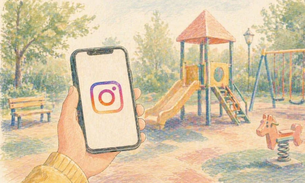 en formato 16/9. La idea es que en la ilustración aparezca EN PRIMER PLANO un móvil sujeto por una mano de un niño. En el móvil aparece el logo de instagram. En la ilustración no aparece ningún niño. Simplemente la mano tiene el aspecto de ser de un niño. De fondo, en la imagen aparece un parque infantil, vacío,