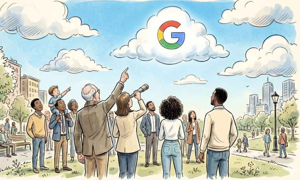 una imagen de formato 16/9 en estilo de ilstración de trazo abierto, propia de revista de alta calidad , en la que se vea a un grupo de personas mirando hacia el cielo. En el cielo, aunque es un día brillante, hay unas preciosas nubes blancas algodonosas. Una de ellas lleva el logo de la G de google
