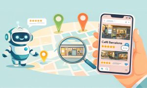 Ilustración de SEO local con un mapa urbano, ubicaciones destacadas y un móvil mostrando la ficha de un negocio optimizada con IA.