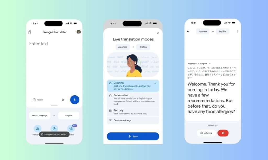 Sobre un fondo degradado azul aparecen tres capturas de pantalla de teléfono móvil en las que se ve el funcionamiento de la actualización de la traducción simultánea en la app del Traductor de Google.