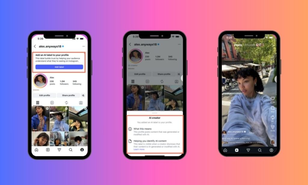 captura de imagenes de un móvil en el que se activa la nueva etiqueta de instagram "AI Creator" para creadores que usen la IA en sus contenidos