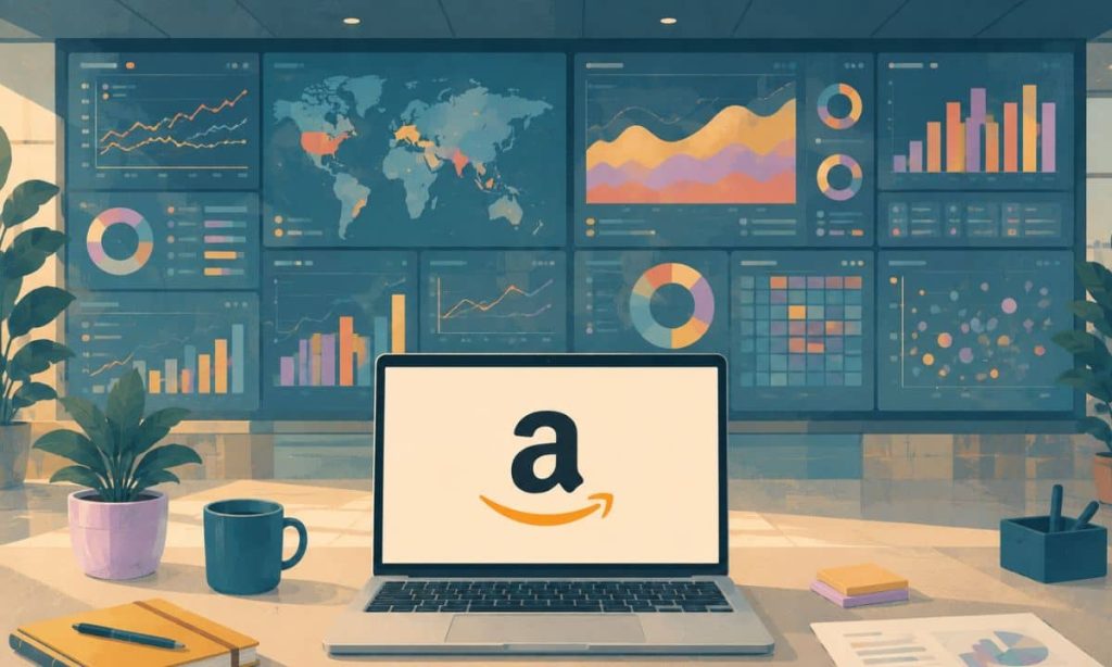 una pantalla de portatil en la que está el logo de Amazon. De fondo, se ve una multipantalla que ocupa todo un muro, lleno de gráficas de monitorización y seguimineto.
