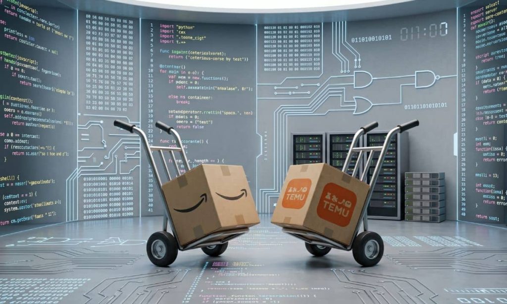 dos carritos con paquetes de amazon y temu en un entorno digital